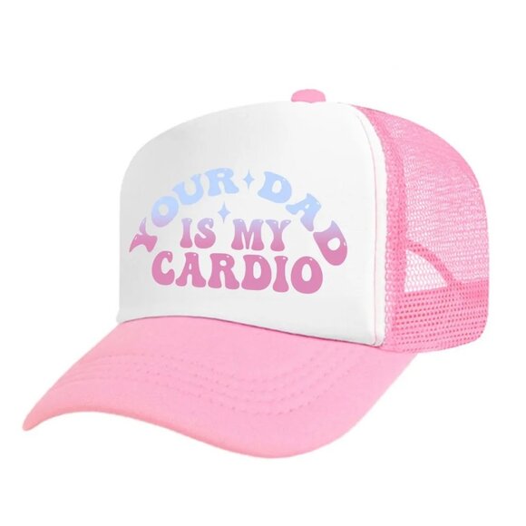 Your Dad Is My Cardio SnapBack Hat White, Pink and Baby Blue Text - Picture 1 of 1